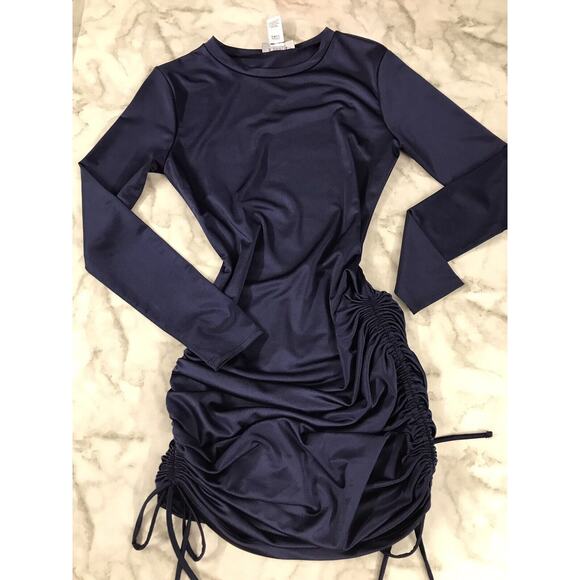 B Darlin Dress Ruched Bodycon Mini 7/8 Satin Silky Smooth Party Cocktail Blue - Picture 2 of 9